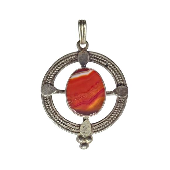 Sterling Banded Agate Carnelian Pendant, Regional Artisan Silver - Picture 1 of 3